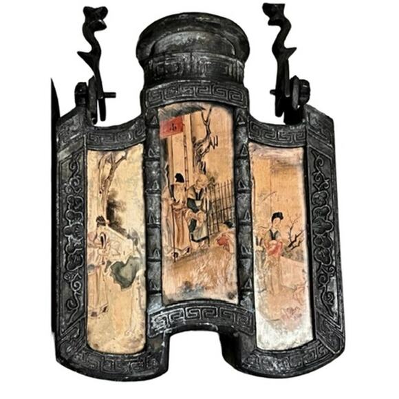 Antique Chinese Shantou Teapot & Tea Caddy-Lithograph Glass Panels-Metal-Asian - Picture 13 of 14